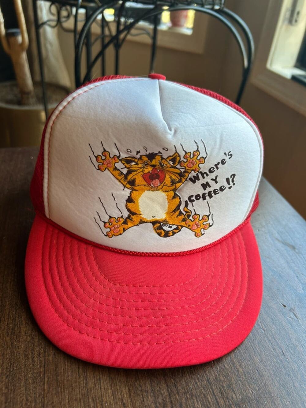 Vintage mesh trucker cap features a cartoon tiger Where's My Coffee!?